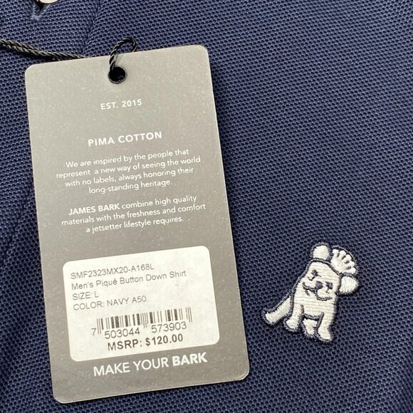 NEW JAMES BARK Mens Button Down Shirt Navy Blue Size L Pique Embroidered Logo - Picture 7 of 8